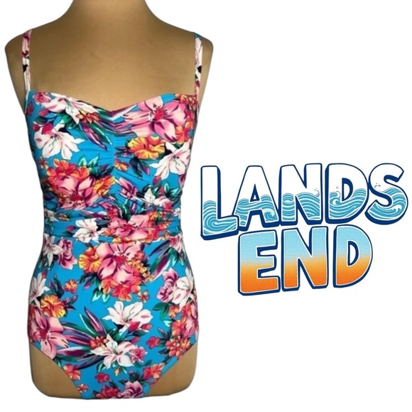 Lands End size 12 turquoise palm lily slimming one piece retro swimming suit - Picture 1 of 7